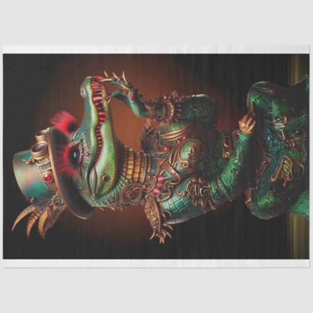 Steampunk Green Colored Alligator Decoupage Tissue Paper (Front)