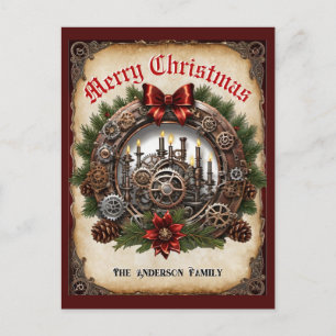 Steampunk Greenery Candles Wreath Cogs Christmas Holiday Postcard