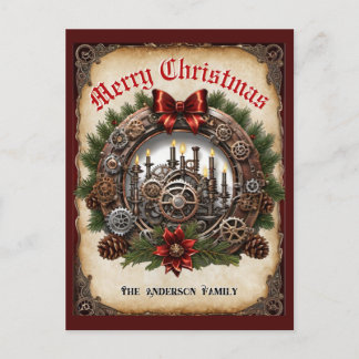 Steampunk Greenery Candles Wreath Cogs Christmas Holiday Postcard