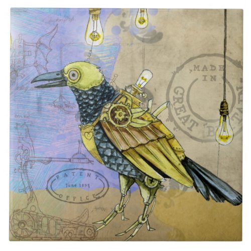 Steampunk Grunge Drawing of Mechanical Bird Tile