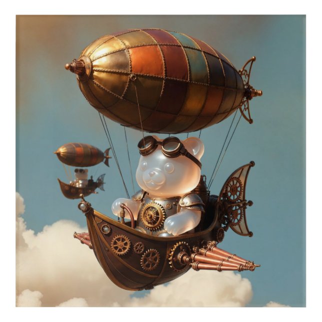 Steampunk Gummy Bear Pilot in Fantasy Airship Acrylic Print (Front)