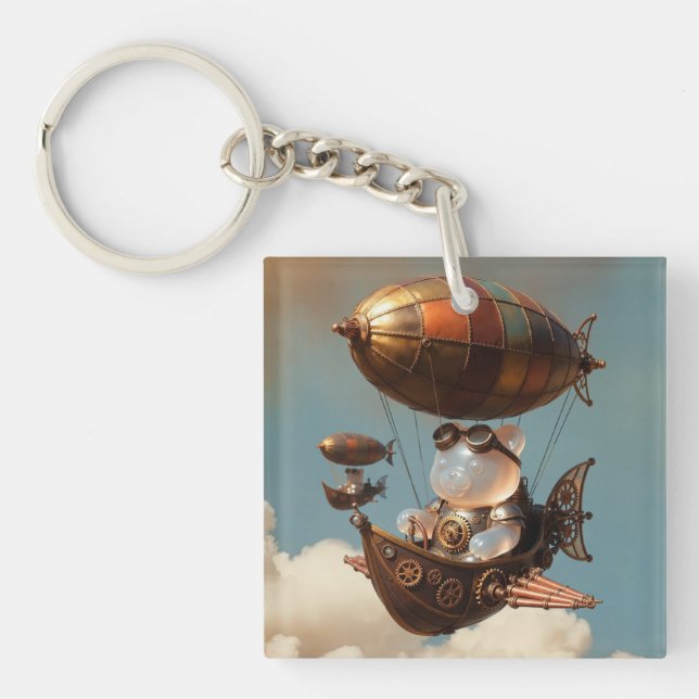 Steampunk Gummy Bear Pilot in Fantasy Airship Keychain (Front)