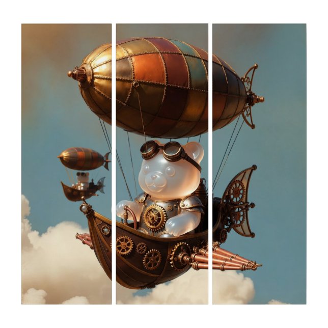 Steampunk Gummy Bear Pilot in Fantasy Airship Triptych (Front)