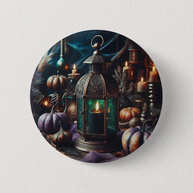 Steampunk Halloween Clockwork Black Lantern Button (Front)