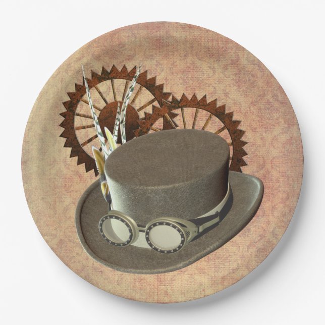 Steampunk Hat and Gears Paper Plates (Front)