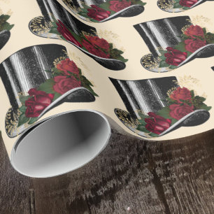 Steampunk Hat with Red Roses Christmas Wrapping Paper