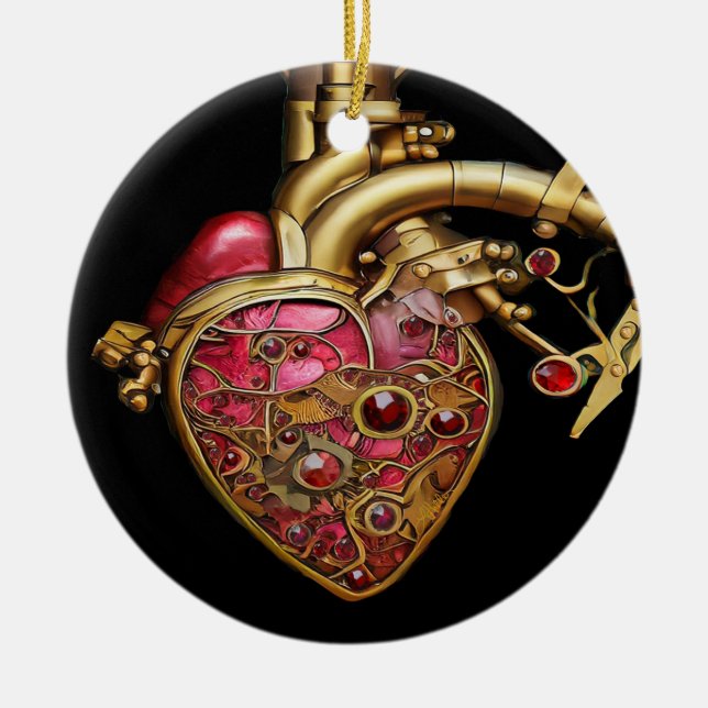 Steampunk Heart Anatomical Rubies and Gears Ceramic Ornament (Front)