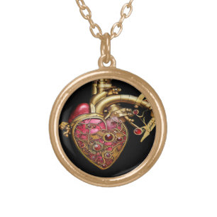 Steampunk Heart Anatomical Rubies and Gears Gold Plated Necklace
