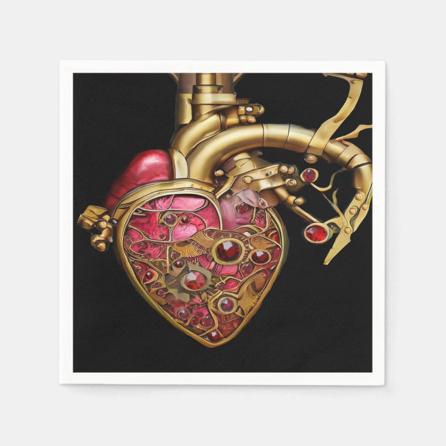 Steampunk Heart Anatomical Rubies and Gears Napkins (Front)