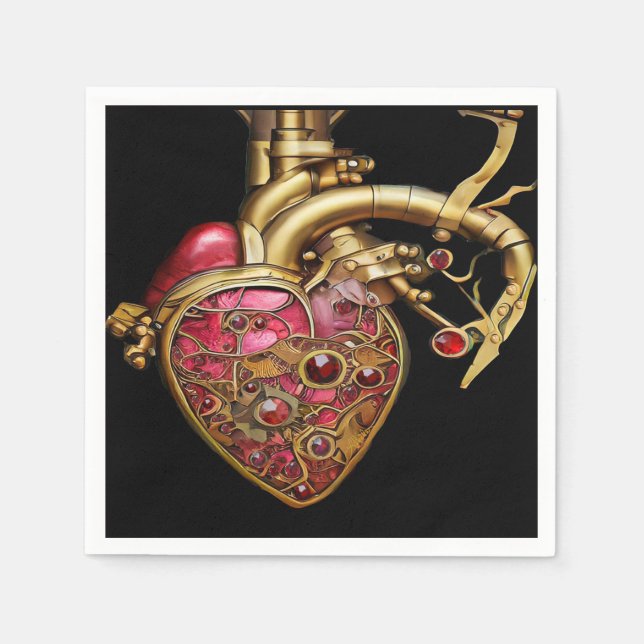 Steampunk Heart Anatomical Rubies and Gears Napkins (Front)