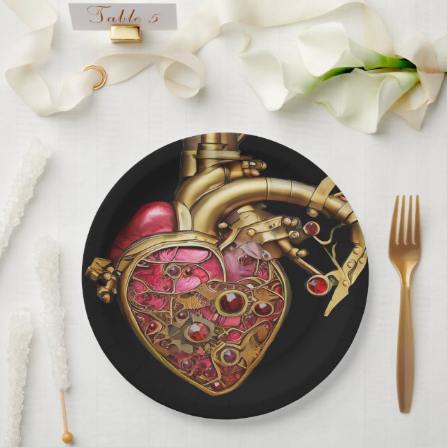 Steampunk Heart Anatomical Rubies and Gears Paper Plates (Wedding)