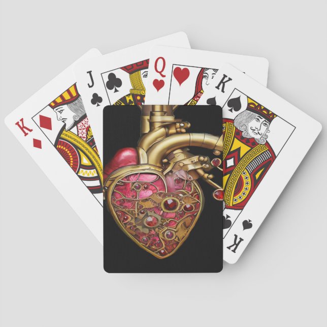 Steampunk Heart Anatomical Rubies and Gears Poker Cards (Back)