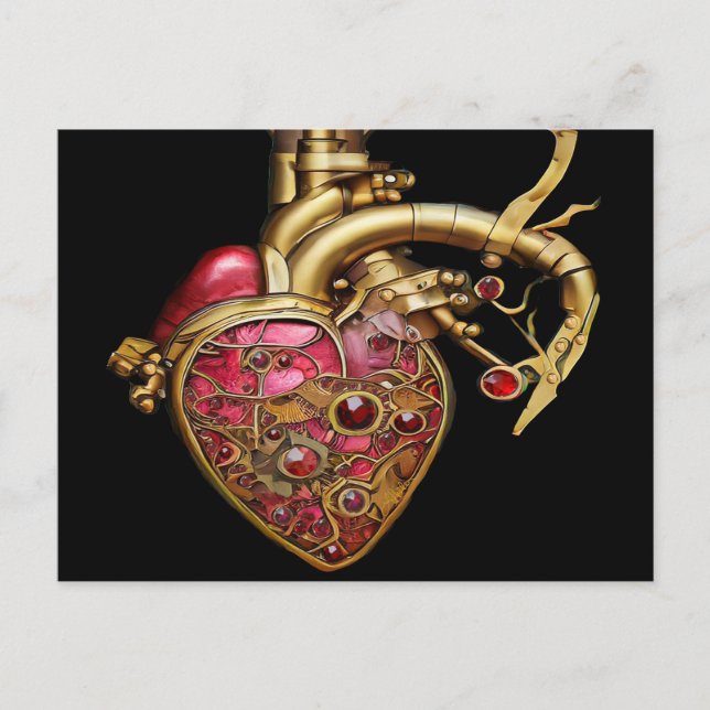 Steampunk Heart Anatomical Rubies and Gears Postcard (Front)