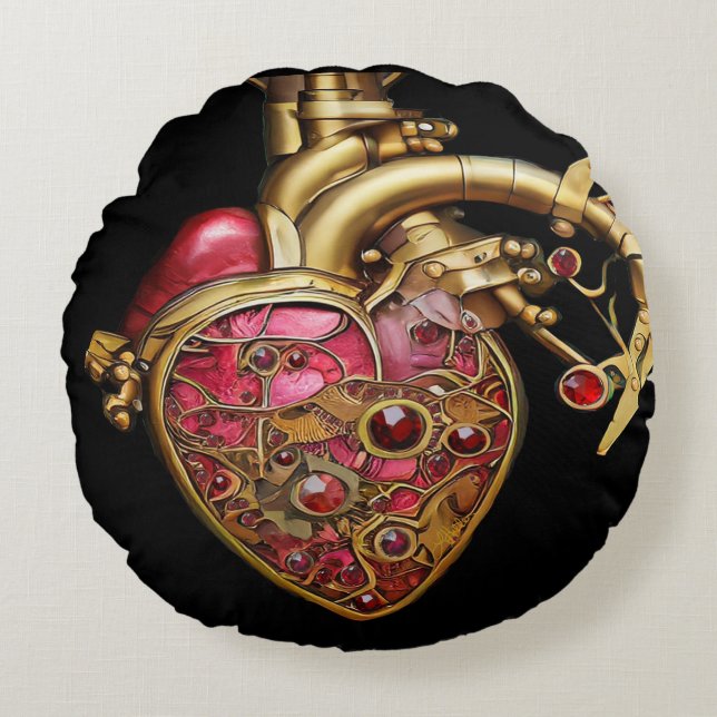 Steampunk Heart Anatomical Rubies and Gears Round Pillow (Front)