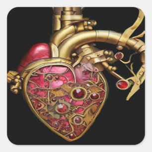Steampunk Heart Anatomical Rubies and Gears Square Sticker