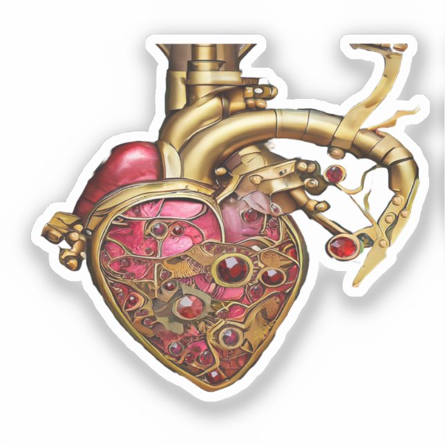 Steampunk Heart Anatomical Rubies and Gears Sticker (Front)