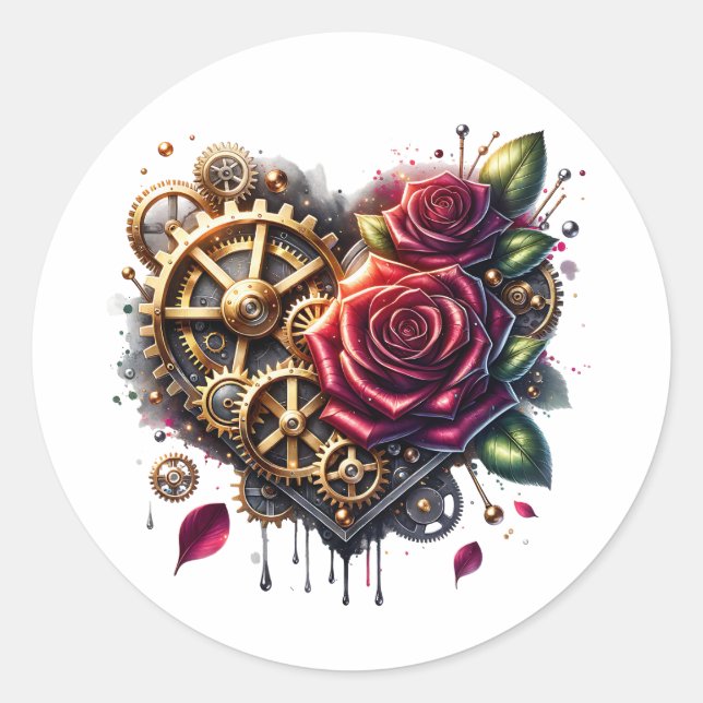 Steampunk Heart and Roses  Classic Round Sticker (Front)