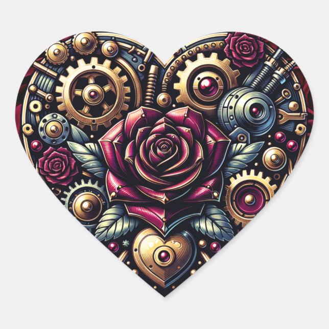 Steampunk Heart and Roses  Heart Sticker (Front)