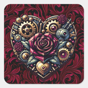 Steampunk Heart and Roses Square Sticker