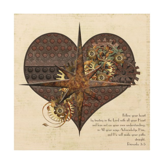 Steampunk Heart & Compass Star Wood Canvas (Front)