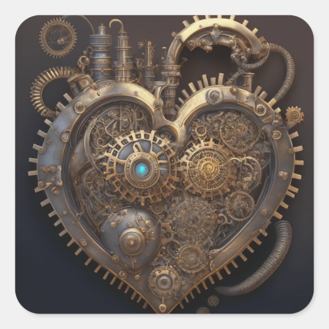 Steampunk Heart Copper Gears Wedding Square Sticker (Front)