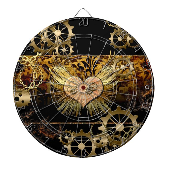 Steampunk heart dartboard with darts (Front)