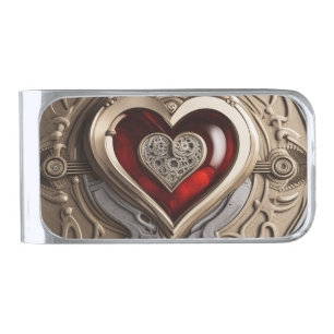 Steampunk Heart – Intricate Mechanical Love Silver Finish Money Clip