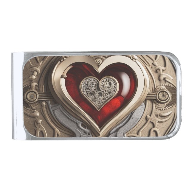 Steampunk Heart – Intricate Mechanical Love  Silver Finish Money Clip (Front)