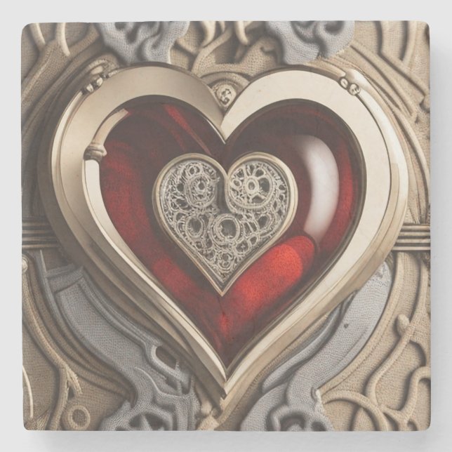 Steampunk Heart – Intricate Mechanical Love  Stone Coaster (Front)