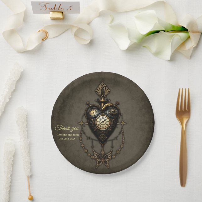 Steampunk heart paper plates