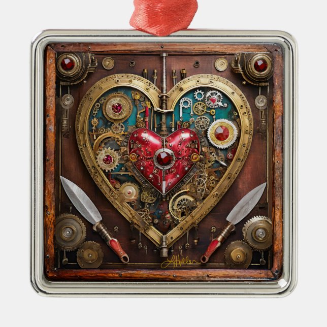 Steampunk Heart Rubies And Daggers For Warriors  Metal Ornament (Front)