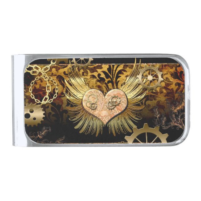 Steampunk heart silver finish money clip (Front)