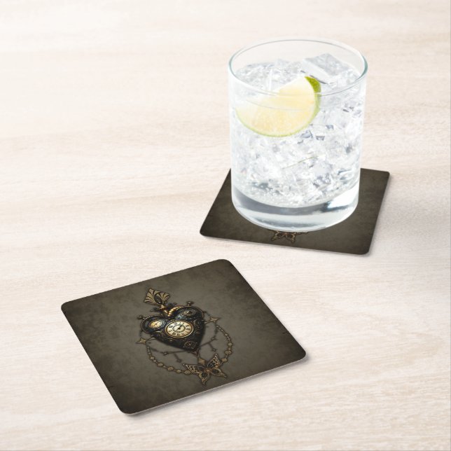Steampunk heart, square paper coaster (Insitu)