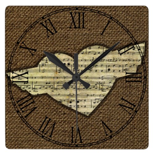 Steampunk Heart Wings Victorian Music Sheet Square Wall Clock