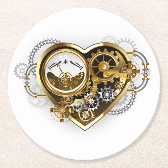 Steampunk Heart with a Manometer Round Paper Coaster (Front)