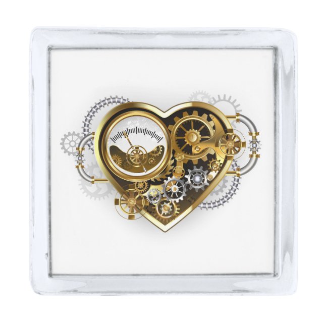 Steampunk Heart with a Manometer Silver Finish Lapel Pin (Front)