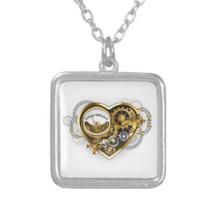 Steampunk Heart with a Manometer Silver Plated Necklace