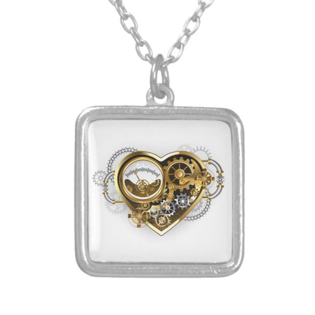 Steampunk Heart with a Manometer Silver Plated Necklace (Front)
