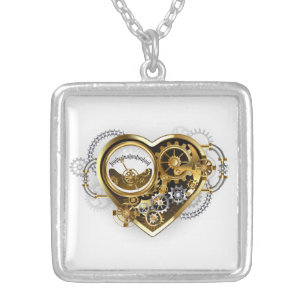 Steampunk Heart with a Manometer Silver Plated Necklace