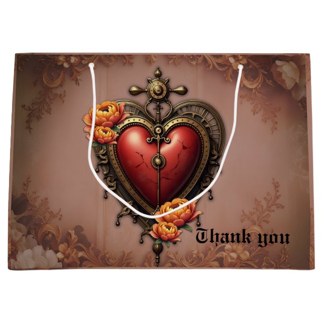 Steampunk Heart with Flowers.  Large Gift Bag (Front)