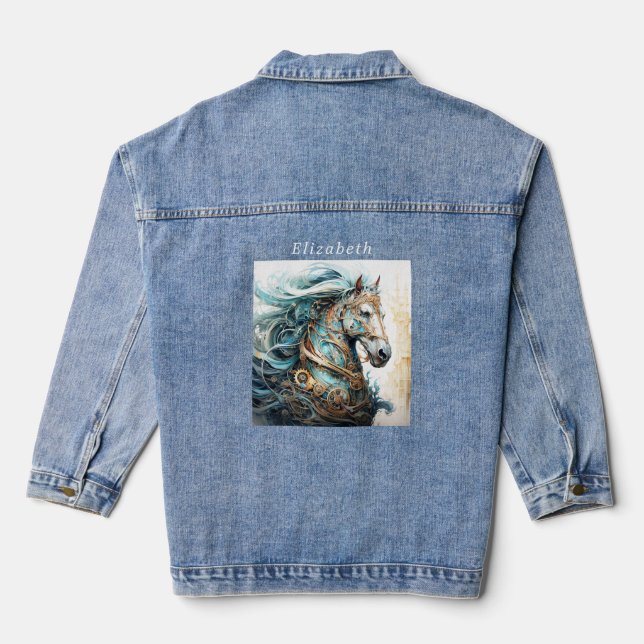 Steampunk Horse Cogs Wheels Steel Copper Brass  Denim Jacket (Back)