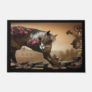 Steampunk horse with roses Door Mat