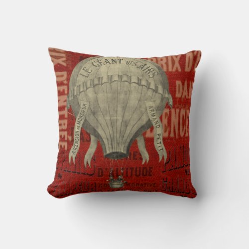 Steampunk Hot Air Ballon Ride Graphic Fonts in Red Throw Pillow