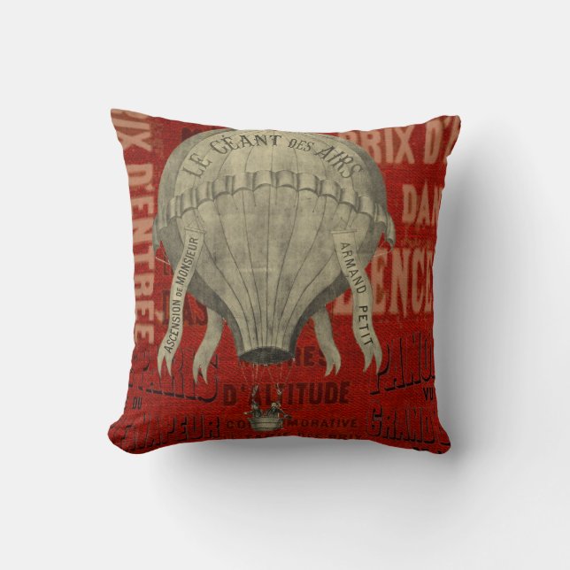 Steampunk Hot Air Ballon Ride Graphic Fonts in Red Throw Pillow (Front)