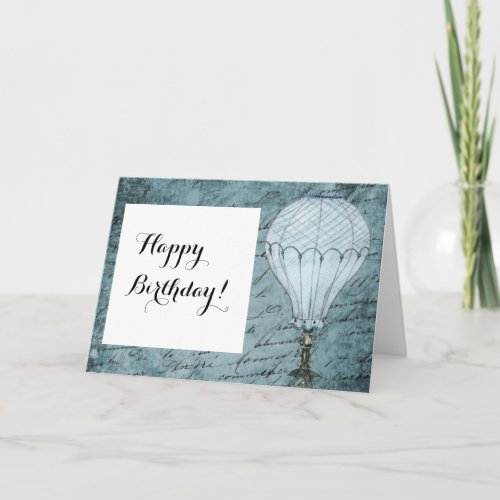 Steampunk Hot Air Balloon Dusk Blue Handwriting Card