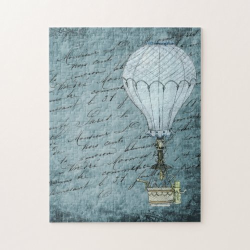 Steampunk Hot Air Balloon Dusk Blue Handwriting Jigsaw Puzzle