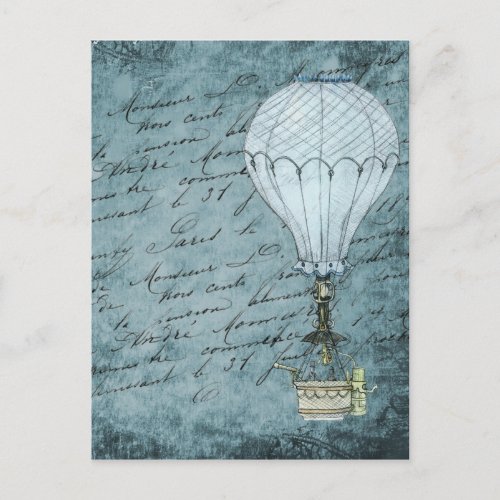 Steampunk Hot Air Balloon Dusk Blue Handwriting Postcard