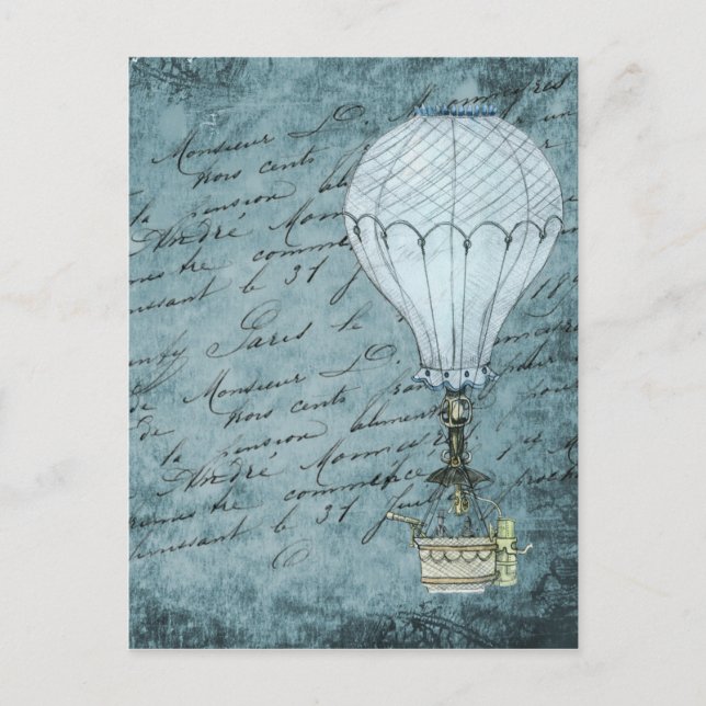 Steampunk Hot Air Balloon Dusk Blue Handwriting Postcard (Front)