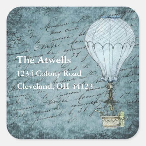 Steampunk Hot Air Balloon Dusk Blue Handwriting Square Sticker