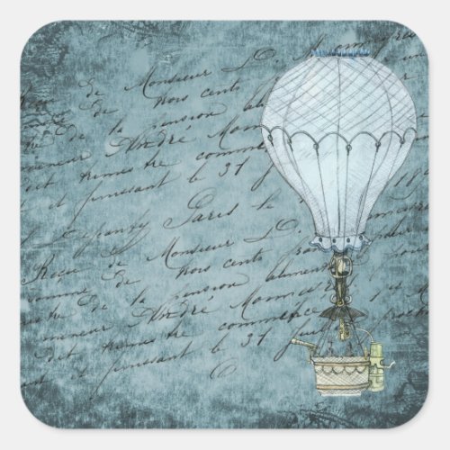 Steampunk Hot Air Balloon Dusk Blue Handwriting Square Sticker